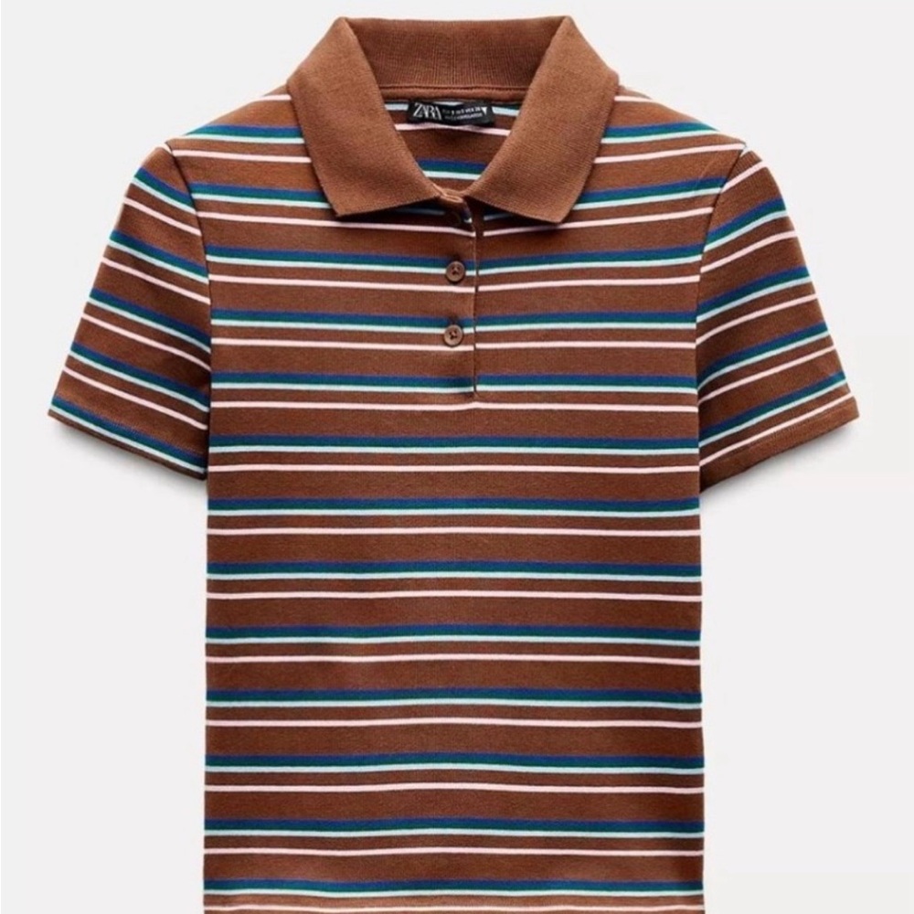 Zara Women’s Polo with Brown, Blue, and White Stripes